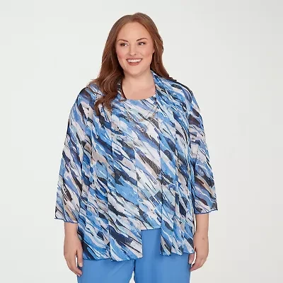 Alfred Dunner Business As Usual Womens Crew Neck 3/4 Sleeve Plus Layered Top