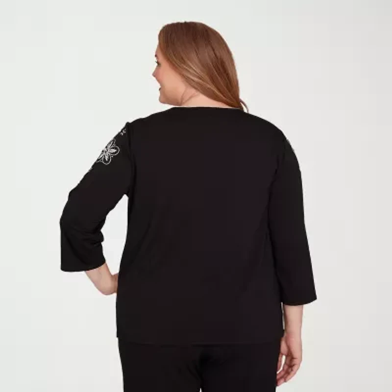 Alfred Dunner Business As Usual Womens Crew Neck 3/4 Sleeve Plus T-Shirt