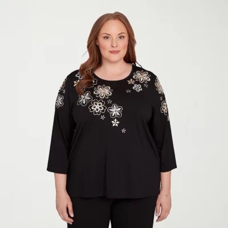 Alfred Dunner Business As Usual Womens Crew Neck 3/4 Sleeve Plus T-Shirt