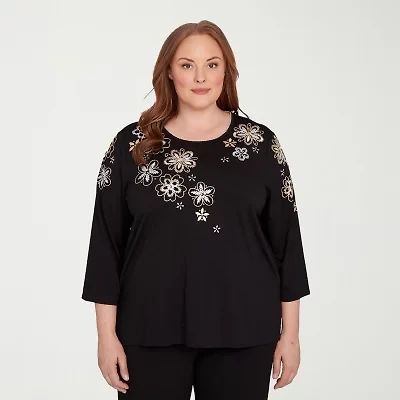 Alfred Dunner Business As Usual Womens Crew Neck 3/4 Sleeve Plus T-Shirt