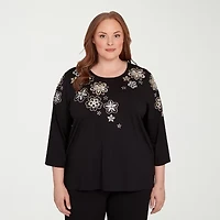 Alfred Dunner Business As Usual Womens Crew Neck 3/4 Sleeve Plus T-Shirt