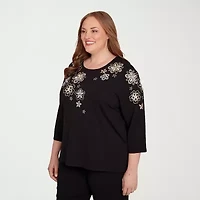 Alfred Dunner Business As Usual Womens Crew Neck 3/4 Sleeve Plus T-Shirt