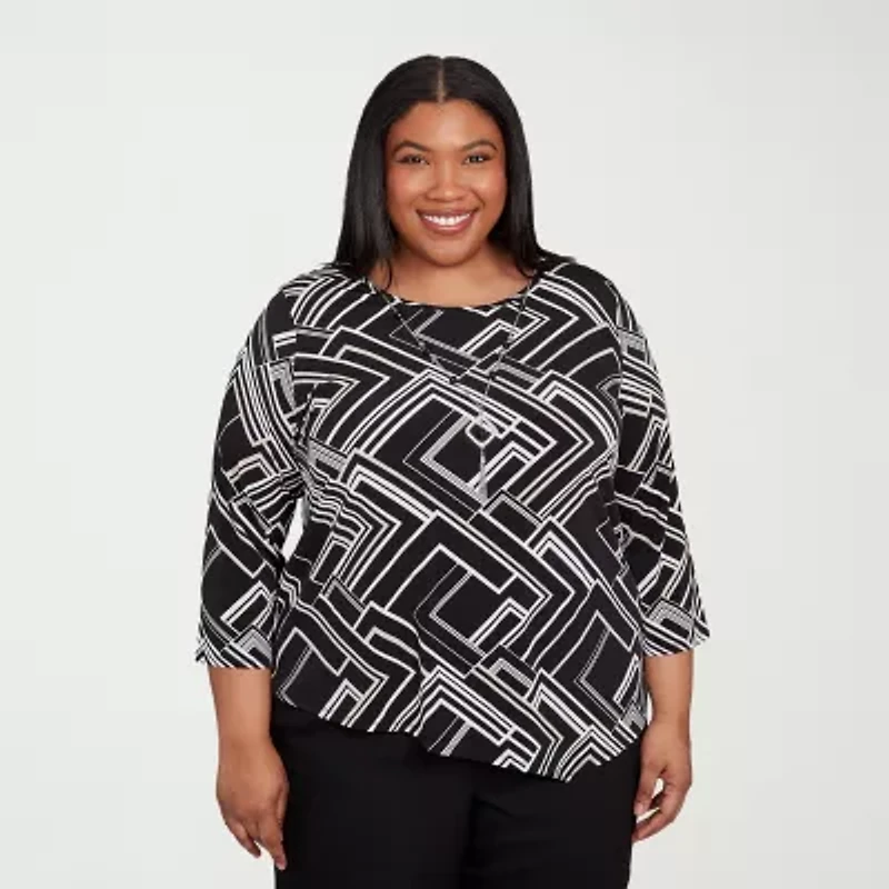Alfred Dunner Business As Usual Womens Crew Neck 3/4 Sleeve Plus T-Shirt