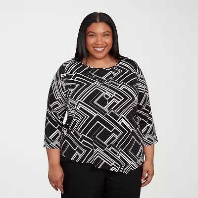 Alfred Dunner Business As Usual Womens Crew Neck 3/4 Sleeve Plus T-Shirt