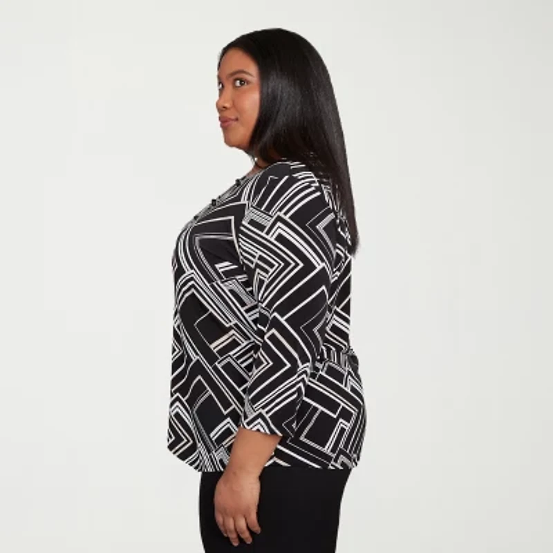 Alfred Dunner Business As Usual Womens Crew Neck 3/4 Sleeve Plus T-Shirt