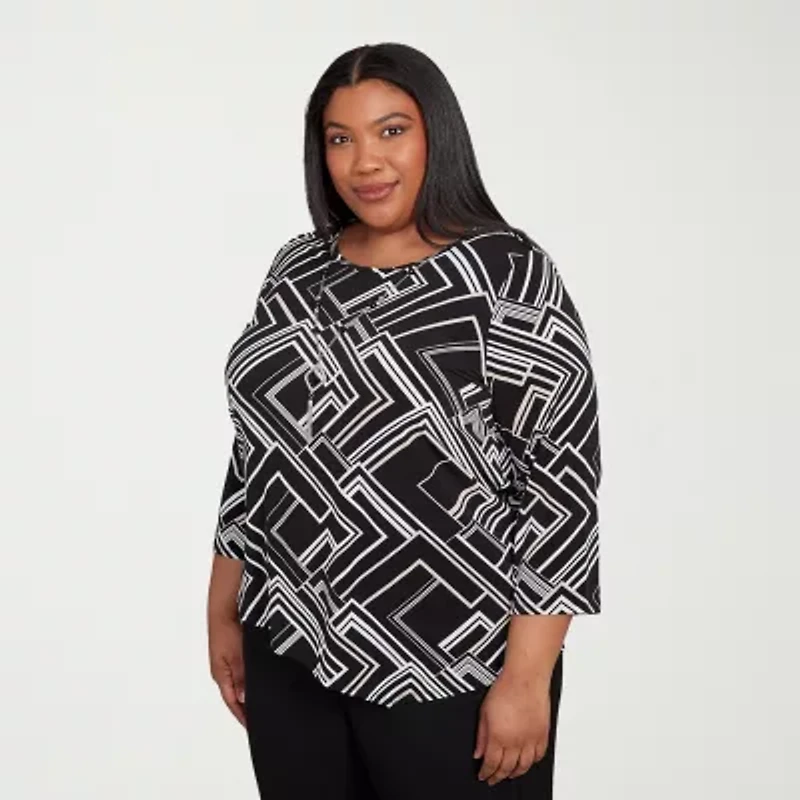 Alfred Dunner Business As Usual Womens Crew Neck 3/4 Sleeve Plus T-Shirt
