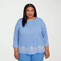 Alfred Dunner Business As Usual Womens Crew Neck 3/4 Sleeve Plus T-Shirt