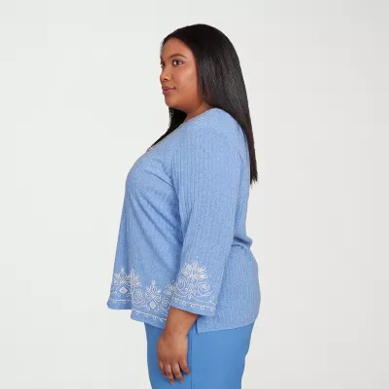 Alfred Dunner Business As Usual Womens Crew Neck 3/4 Sleeve Plus T-Shirt