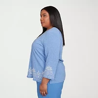 Alfred Dunner Business As Usual Womens Crew Neck 3/4 Sleeve Plus T-Shirt