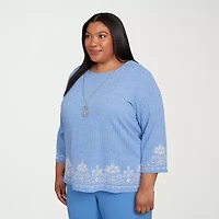 Alfred Dunner Business As Usual Womens Crew Neck 3/4 Sleeve Plus T-Shirt