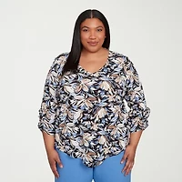Alfred Dunner Business As Usual Womens V Neck 3/4 Sleeve Plus T-Shirt