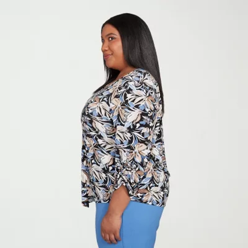 Alfred Dunner Business As Usual Womens V Neck 3/4 Sleeve Plus T-Shirt