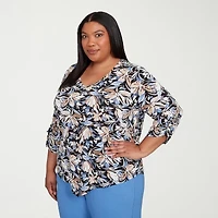 Alfred Dunner Business As Usual Womens V Neck 3/4 Sleeve Plus T-Shirt