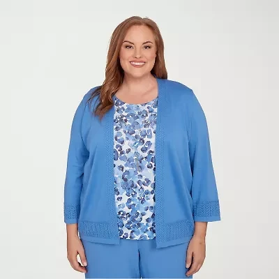 Alfred Dunner Business As Usual Womens Round Neck 3/4 Sleeve Floral Layered Sweater Plus