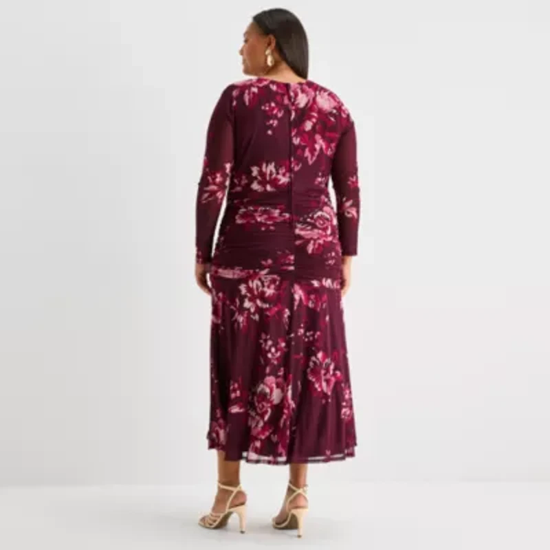 Premier Amour Womens Long Sleeve Midi Floral Plus Sheath Dress