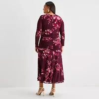 Premier Amour Womens Long Sleeve Midi Floral Plus Sheath Dress