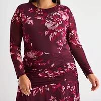 Premier Amour Womens Long Sleeve Midi Floral Plus Sheath Dress