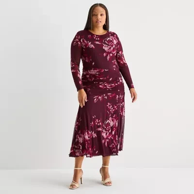 Premier Amour Womens Long Sleeve Midi Floral Plus Sheath Dress