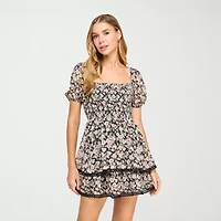 City Triangle Womens Short Sleeve Floral Fit + Flare Dress Juniors
