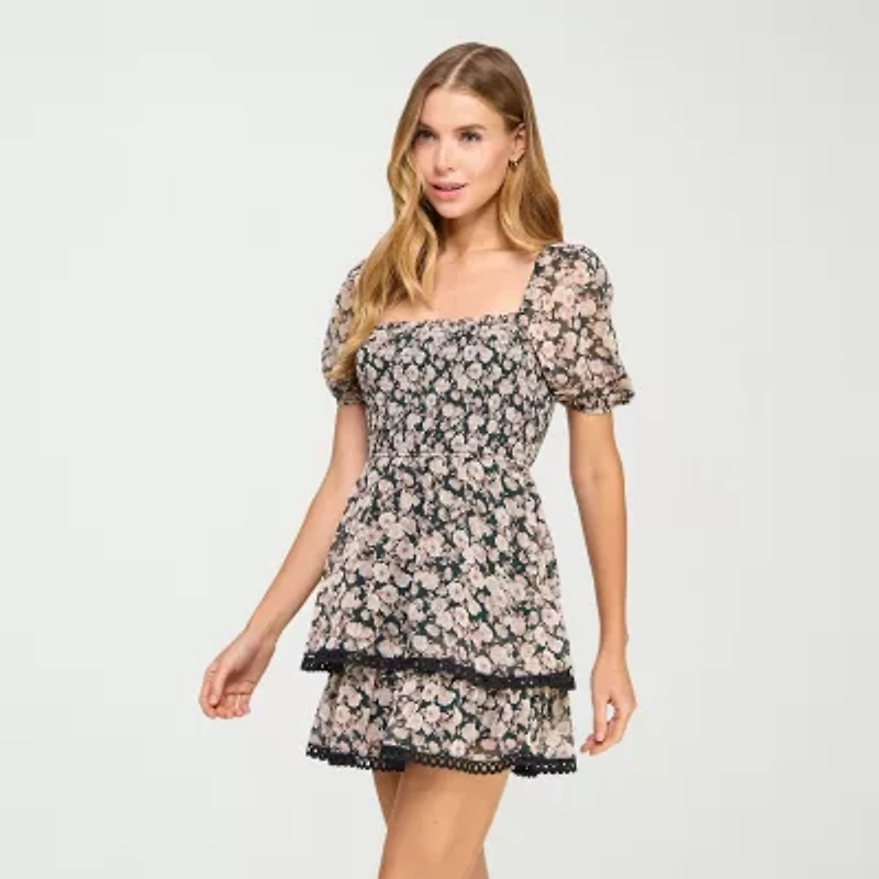 City Triangle Womens Short Sleeve Floral Juniors Fit + Flare Dress
