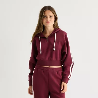 Arizona Womens Hooded Long Sleeve Juniors Quarter-Zip Pullover