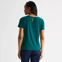 Liz Claiborne Womens Asymmetrical Neck Short Sleeve Blouse