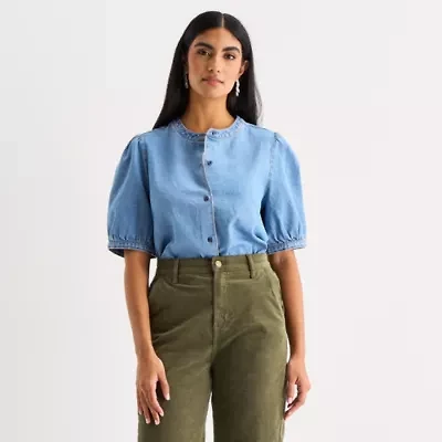 a.n.a Denim Womens Elbow Sleeve Blouse