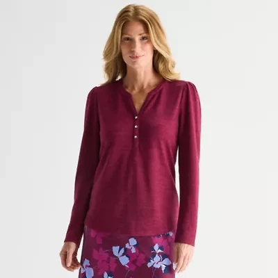 Liz Claiborne Womens Split Crew Neck Long Sleeve Blouse