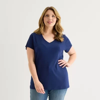St. John's Bay Womens Plus V Neck Short Sleeve T-Shirt