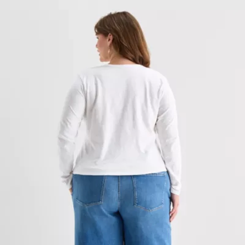 a.n.a Womens Plus Y Neck Long Sleeve T-Shirt