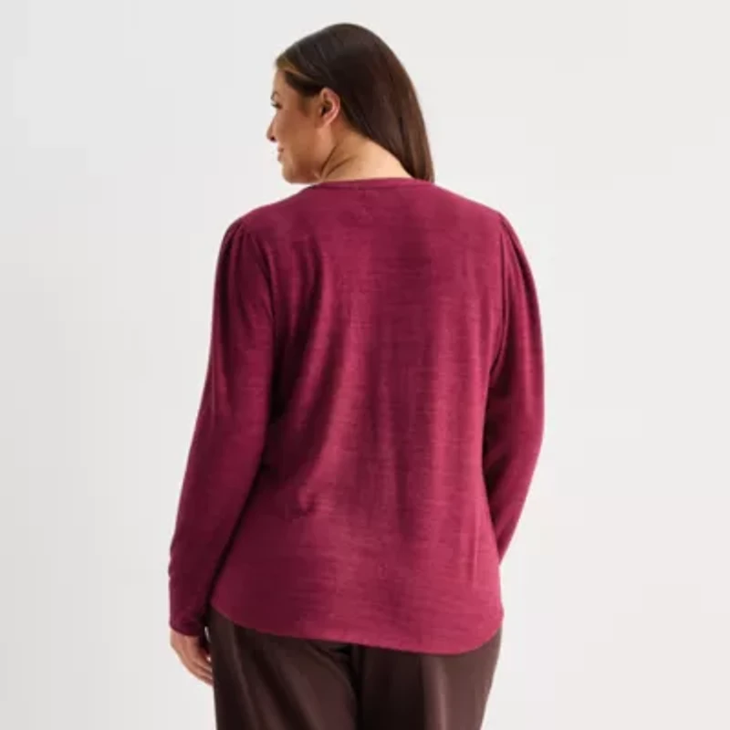 Liz Claiborne Womens Plus Split Crew Neck Long Sleeve Blouse