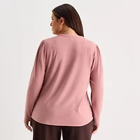 Liz Claiborne Womens Plus Split Crew Neck Long Sleeve Blouse