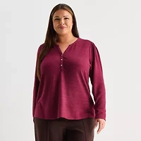 Liz Claiborne Womens Plus Split Crew Neck Long Sleeve Blouse