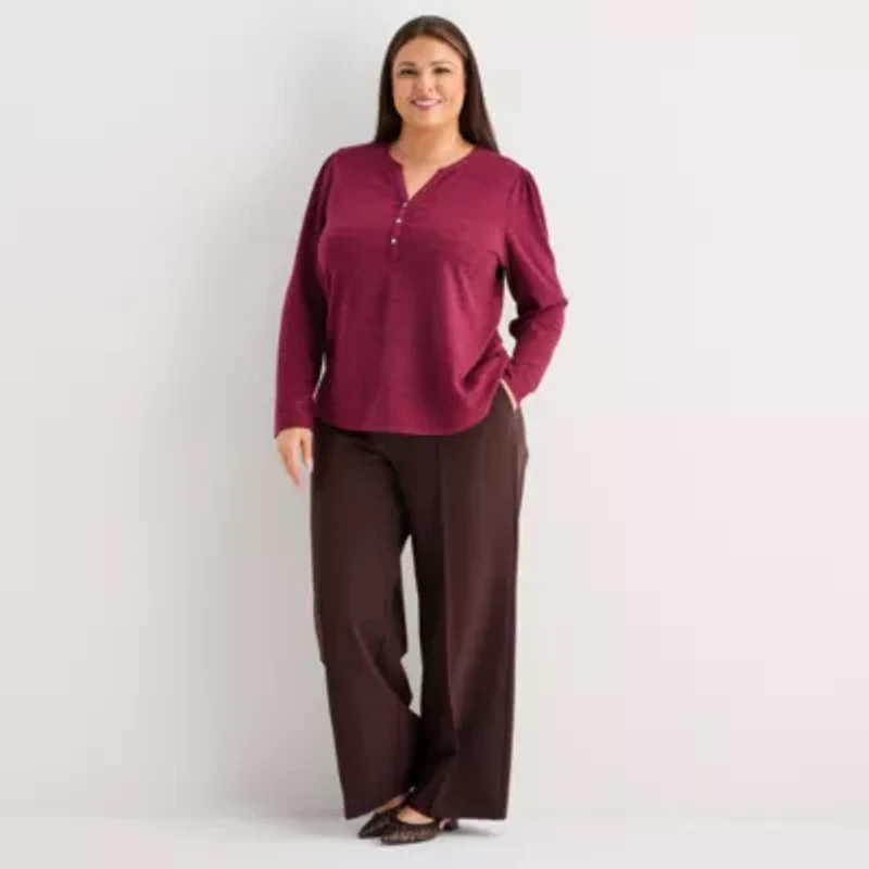 Liz Claiborne Womens Plus Split Crew Neck Long Sleeve Blouse