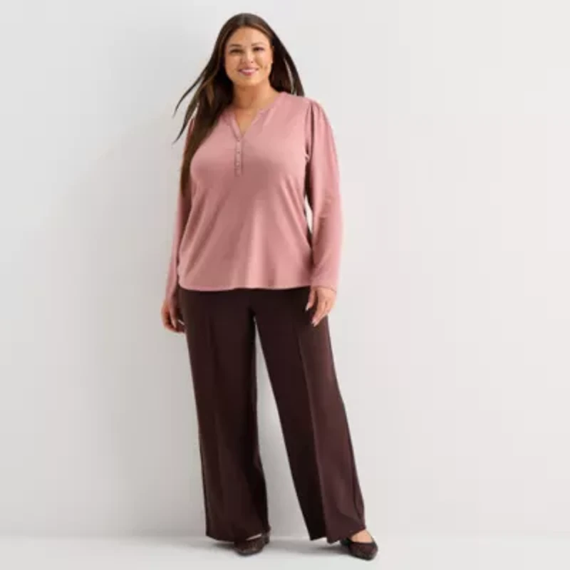 Liz Claiborne Womens Plus Split Crew Neck Long Sleeve Blouse