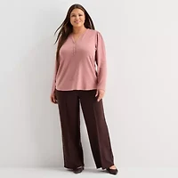 Liz Claiborne Womens Plus Split Crew Neck Long Sleeve Blouse