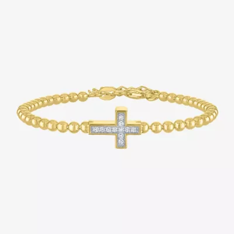 Cross (Gh / Si2 I1) Womens 1/10 CT. T.W. Lab Grown White Diamond 14K Gold Over Silver Sterling Silver Cross Beaded Bracelet