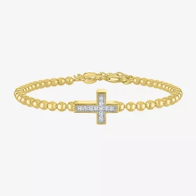 Cross (Gh / Si2 I1) Womens 1/10 CT. T.W. Lab Grown White Diamond 14K Gold Over Silver Sterling Silver Cross Beaded Bracelet