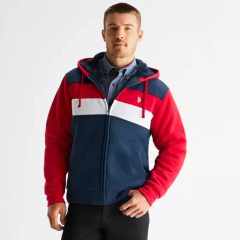 U.S. Polo Assn. Colorblock Sherpa Mens Long Sleeve Embroidered Zipper Hoodie