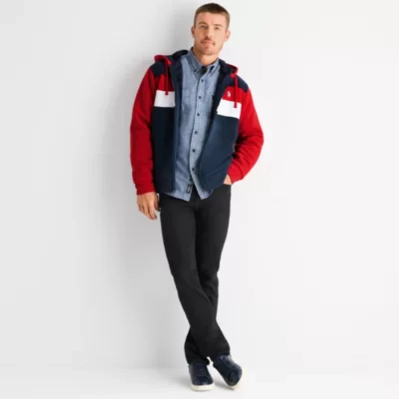 U.S. Polo Assn. Colorblock Sherpa Mens Long Sleeve Embroidered Zipper Hoodie