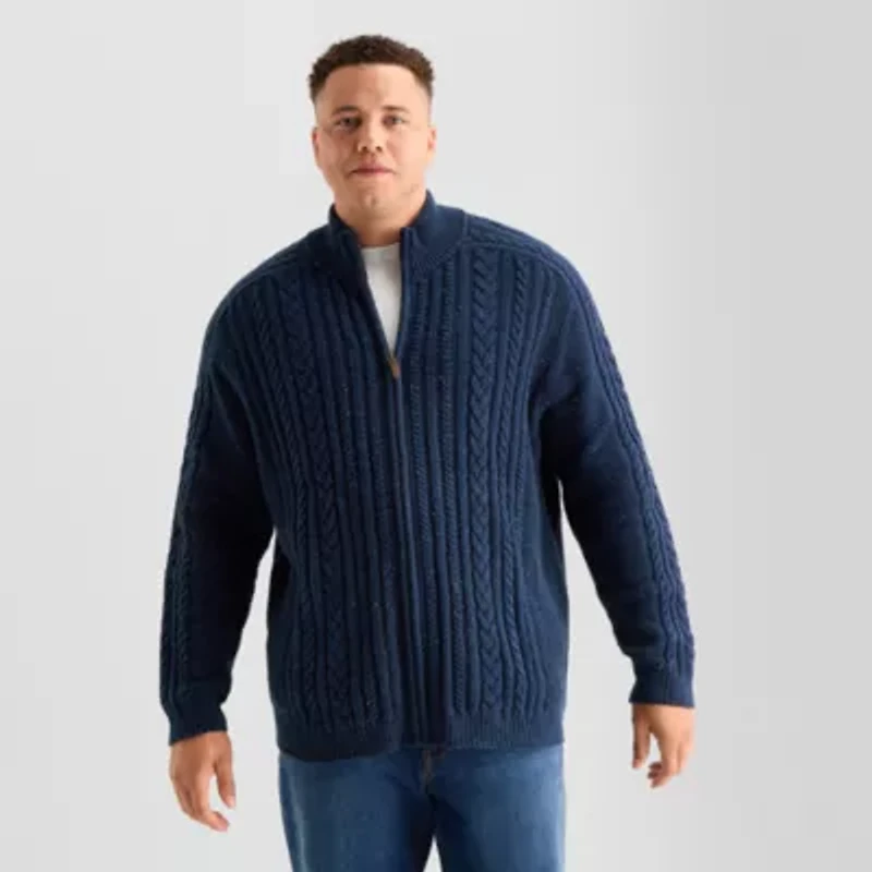 St. John's Bay Mens Mock Neck Long Sleeve Zipper Big and Tall Cardigan