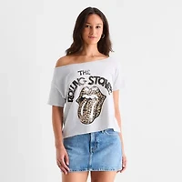 New World Rolling Stones Off The Shoulder Womens Short Sleeve Loose Fit Juniors Graphic T-Shirt