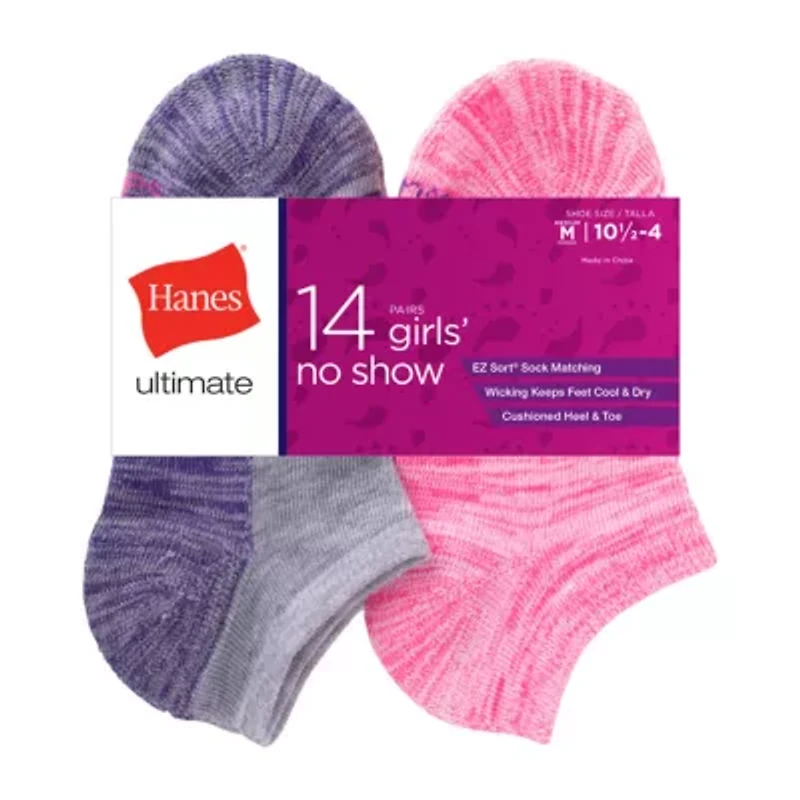 Hanes Ultimate Little & Big Kid Girls 14 Pair No Show Socks