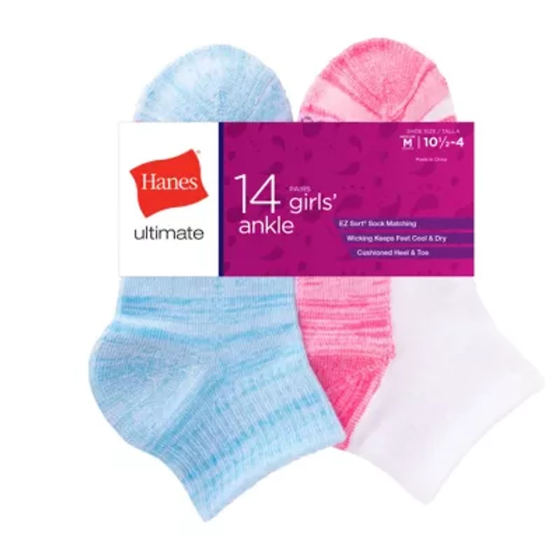 Hanes Ultimate Little & Big Kid Girls 14 Pair Quarter Ankle Socks