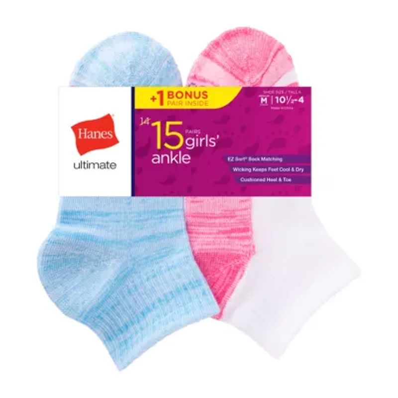 Hanes Big Kid Girls Multi-Pack 15 Pair Quarter Ankle Socks