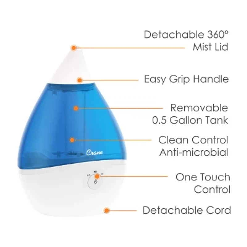 Crane Droplet 0.5 Gallon Ultrasonic Cool Mist Humidifier