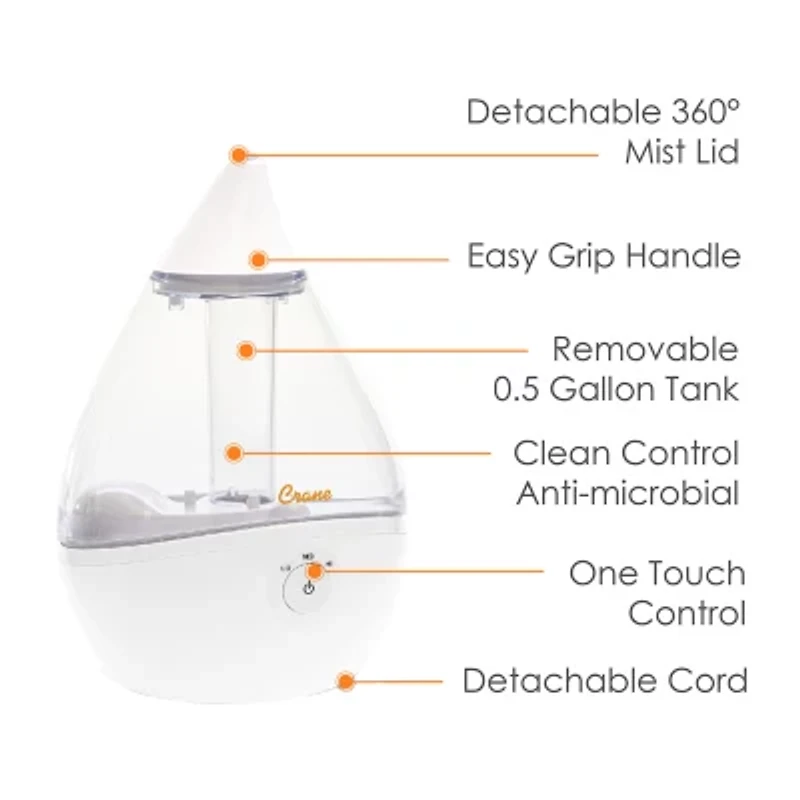 Crane Droplet 0.5 Gallon Ultrasonic Cool Mist Humidifier - Clear/White