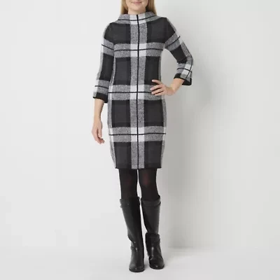 Studio 1 Womens 3/4 Sleeve Plaid Sweater Dress