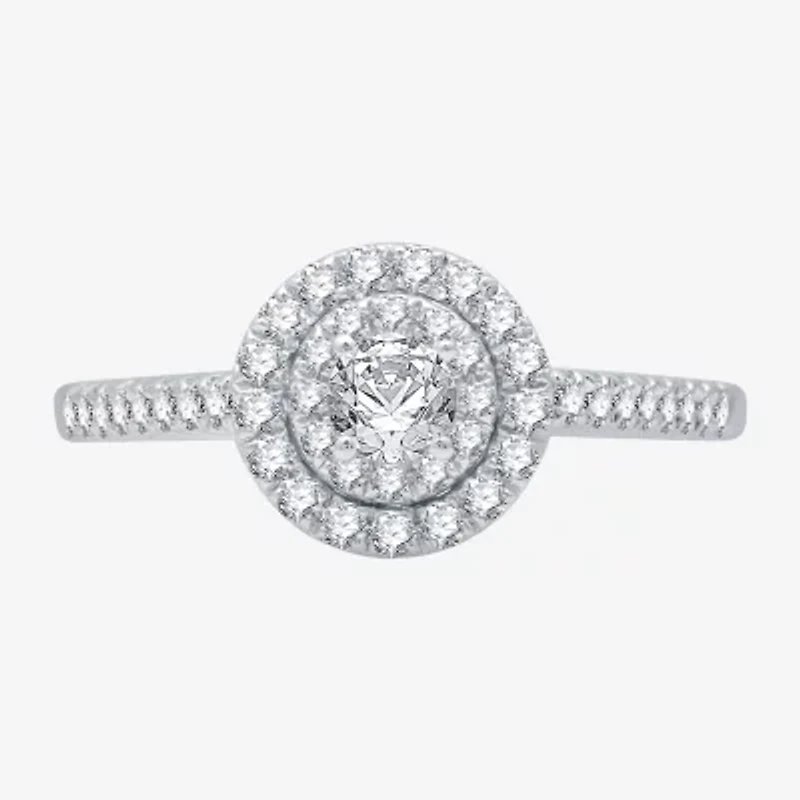 (H-I / I1) Womens 1/2 CT. T.W. Lab Grown White Diamond 10K Gold Side Stone Halo Engagement Ring