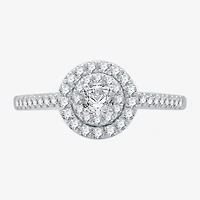 (H-I / I1) Womens 1/2 CT. T.W. Lab Grown White Diamond 10K Gold Side Stone Halo Engagement Ring